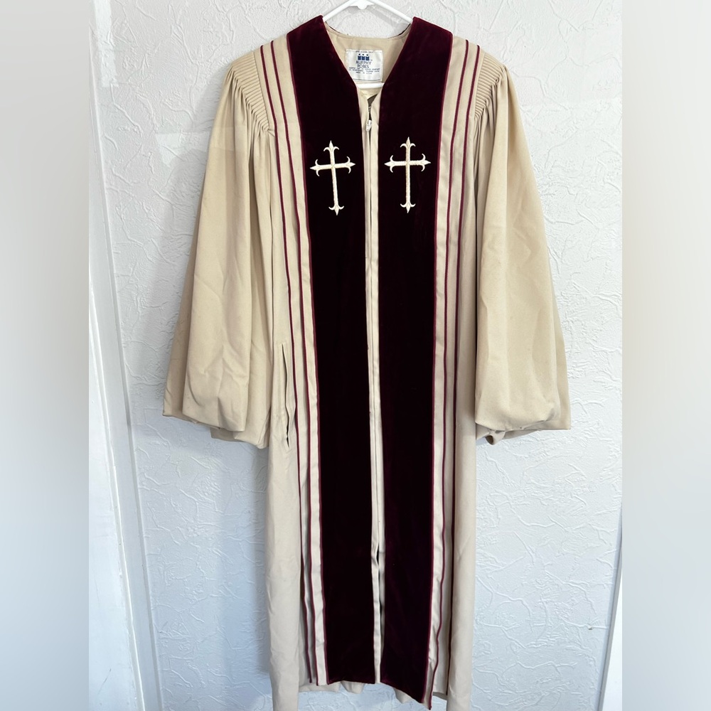 Vintage Murphy Robes Beige/Red Velvet Clergy Priest Bishop Robe MADE IN USA